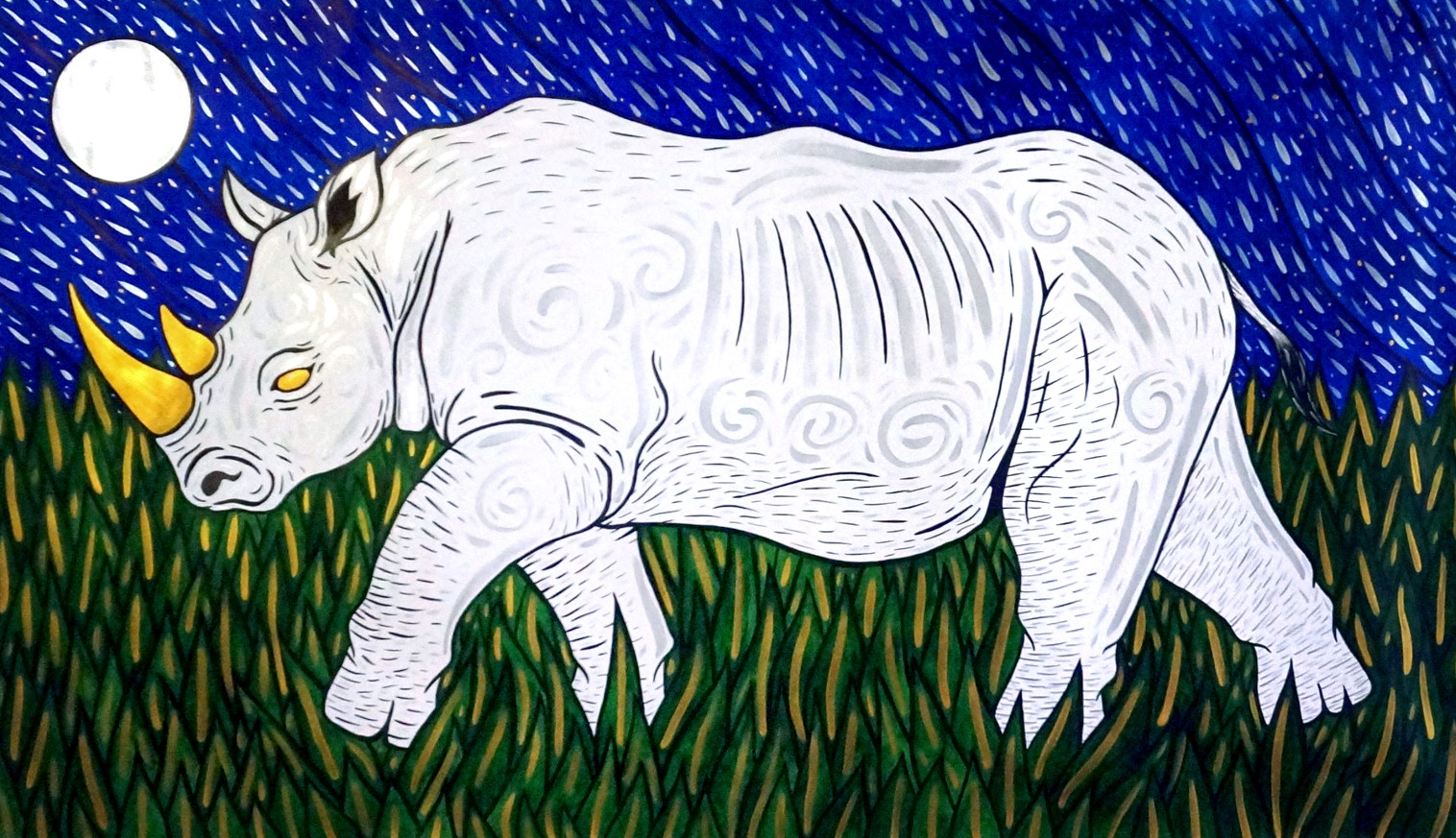 A coloured ink painting of a Northern white rhino